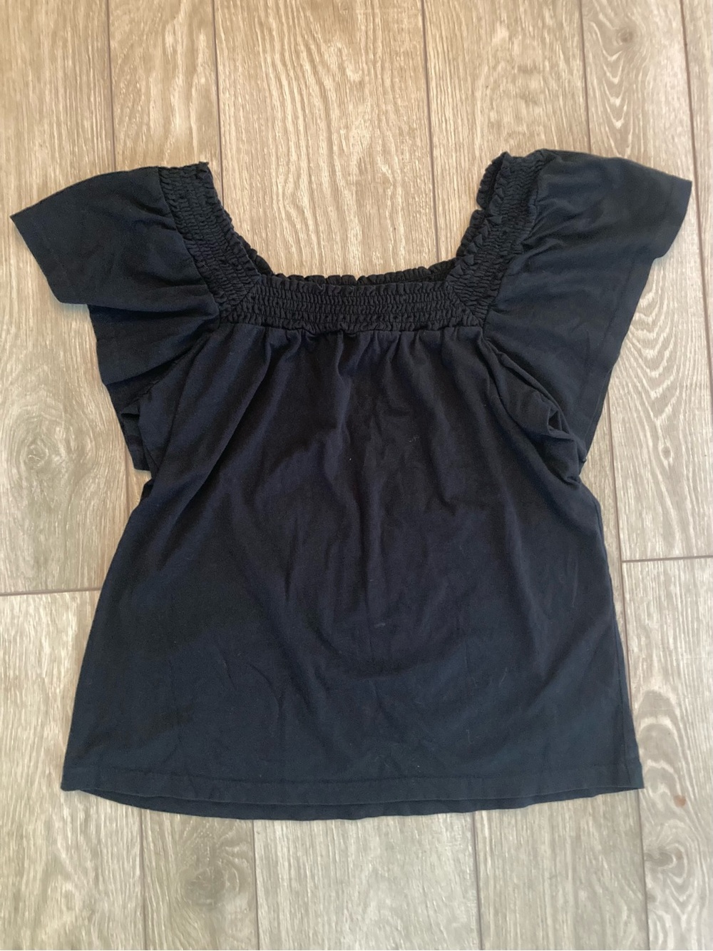 J. Crew Black Smocked Square-Neck Flutter Sleeve Tee